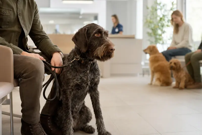 Ein Deutscher Vorstehhund drahthaar sitzt ruhig neben seinem Besitzer im hellen Wartezimmer einer Tierarztpraxis.
